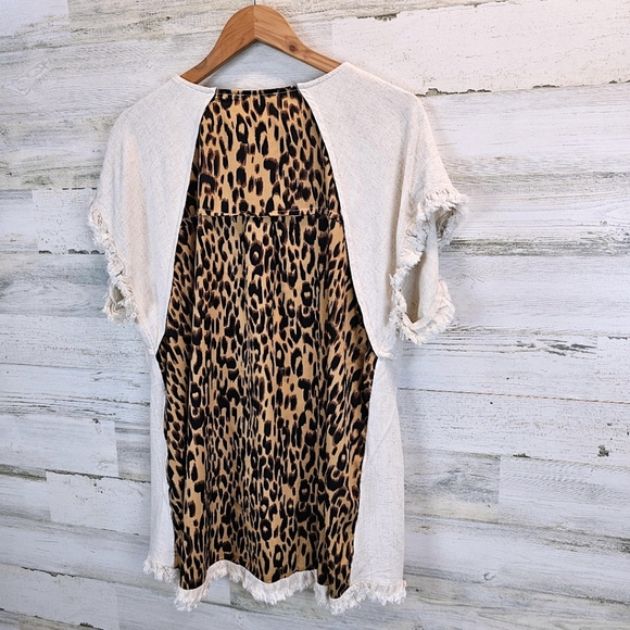 Umgee Womens Boho Linen Cotton Fringe Leopard Print Top 2X Oatmeal Neutral Chic - Picture 5 of 12